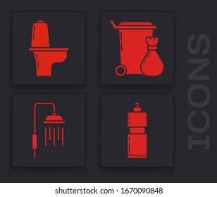 Set Plastic bottles for liquid dishwashing liquid, Toilet bowl , Trash can  and Shower head with water drops flowing  icon. Vector