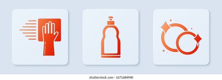 Colocar botellas de plástico para lavavajillas líquido, Servicio de limpieza y Lavadoras. Botón cuadrado blanco. Vector