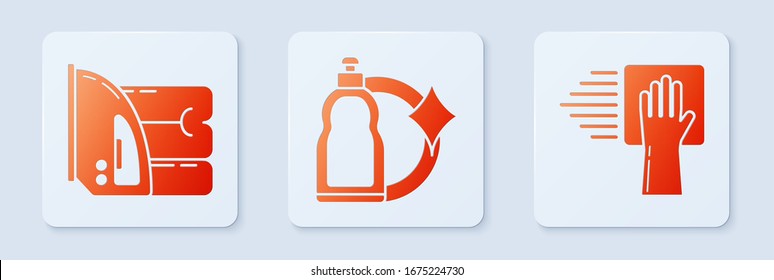 Colocar botellas de plástico para lavado líquido lavavajillas, Servicio de planchado y toalla eléctrico y Servicio de limpieza . Botón cuadrado blanco. Vector