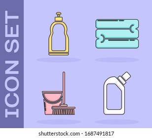 Set Plastic bottles for liquid dishwashing liquid, Plastic bottles for liquid dishwashing liquid, Mop and bucket  and Towel stack  icon. Vector