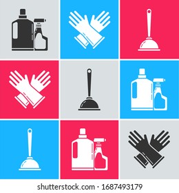 Set Plastic bottles for liquid dishwashing liquid, Rubber gloves  and Toilet plunger icon. Vector