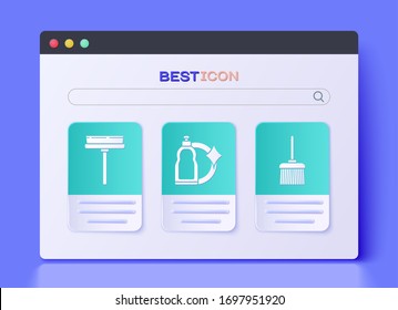 Set Plastic bottles for liquid dishwashing liquid, Squeegee, scraper, wiper and Handle broom  icon. Vector