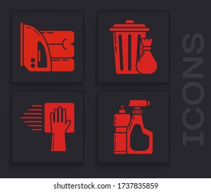 Colocar botellas plásticas para líquido lavavajillas, hierro eléctrico y toalla , Basura y bolsas de basura e icono del servicio de limpieza. Vector