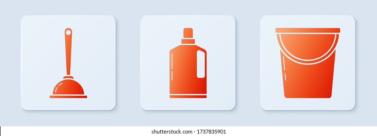 Set Plastic bottles for liquid dishwashing liquid, Toilet plunger and Bucket . White square button. Vector