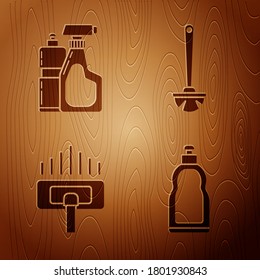 Set Plastic bottles for liquid dishwashing liquid, Plastic bottles for liquid dishwashing liquid, Vacuum cleaner and Toilet brush  on wooden background. Vector