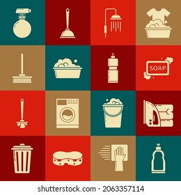 Set Botellas de plástico para líquido lavavajillas líquido, hierro eléctrico y toalla, Barra de jabón con espuma, Gotas de agua de la cabeza de ducha que fluyen, semillas de cuenca, Mop e icono. Vector