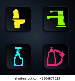 Set Plastic bottles for liquid dishwashing liquid, Toilet bowl , Cleaning spray bottle with detergent liquid  and Water tap . Black square button. Vector