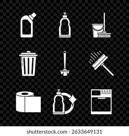Set Plastic bottles for liquid dishwashing liquid, Mop and bucket, Toilet paper roll, Washer, Trash can and brush icon. Vector