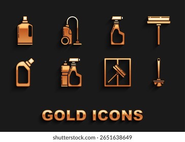 Set Plastic bottles for liquid dishwashing liquid, Squeegee, scraper, wiper, Toilet brush, Cleaning spray with detergent,  and Vacuum cleaner icon. Vector