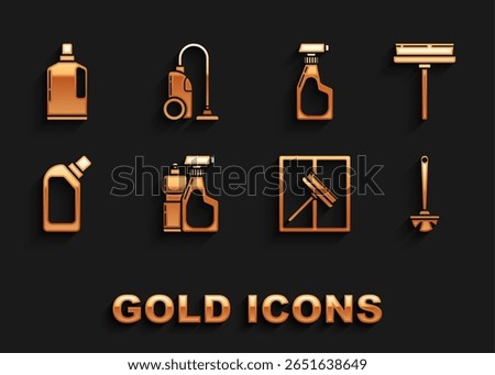 Set Plastic bottles for liquid dishwashing liquid, Squeegee, scraper, wiper, Toilet brush, Cleaning spray with detergent,  and Vacuum cleaner icon. Vector