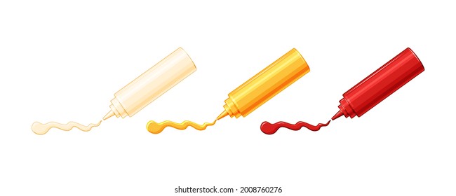  Set of plastic bottles with sauces. Mayonnaise, ketchup and mustard are squeezed out of bottles. Vector illustration.