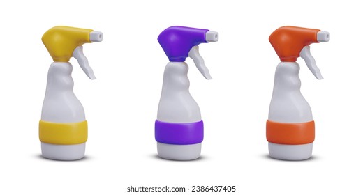 Set aus Plastikflaschen mit Spritzpistole. Behälter für Reinigungsmittel und Desinfektionsmittel verschiedener Farben, Muster. Ausrüstung für die Befeuchtung von Pflanzen. Einzelne Vektorgrafik