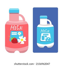 Conjunto de botellas de plástico con leche aromatizada con fresa. Artículo en dibujo plano para la decoración. Ilustración vectorial, icono en fondo aislado.