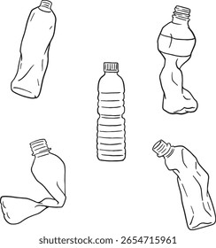 Set of plastic bottles in various states, including full, empty, and crushed, rendered in a clean line art style. Ideal for illustrating concepts of recycling, waste, environmental pollution, beverage