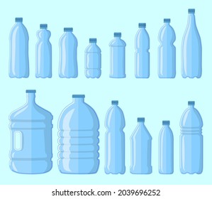 Set of plastic bottles for water. Cartoon vector illustration. Collection of bottles of different size and shape isolated on blue background. Consumption, liter, packaging concept for banner design