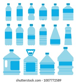 Set of plastic bottles for water. Vector pictures in flat style. Container plastic bottle set with fresh and clean water