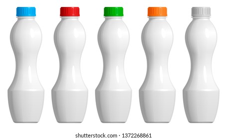 Set of plastic bottles for yogurt or dairy products, with colored caps, isolated on white background.