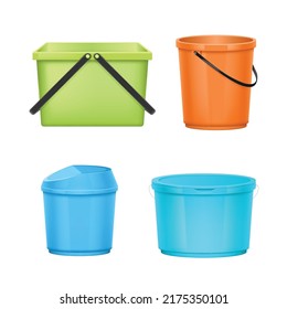 Set of plastic bucket realistic mockup. Household or garden pails, trash bin with glossy surface, lid and handle 3d template for house cleaning, gardening or water carrying. Vector illustration