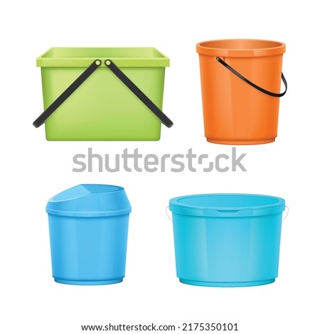 Set of plastic bucket realistic mockup. Household or garden pails, trash bin with glossy surface, lid and handle 3d template for house cleaning, gardening or water carrying. Vector illustration