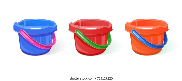 Set of plastic buckets of different colors For domestic work, for children's games in the sandbox. A realistic image. Isolated on white background. Vector illustration