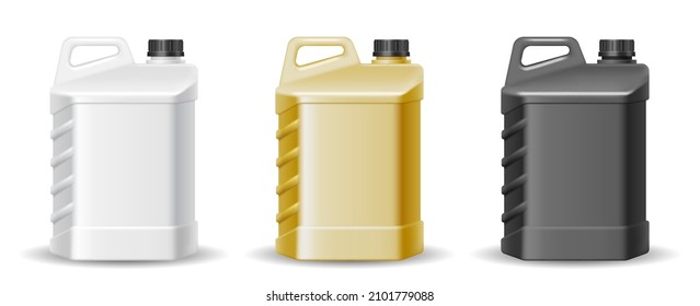 Set of plastic canister with blank label. Package bottle containers with handle and screw cap of oil. Industrial packaging for chemicals, cleaners, detergents and liquid products. Vector illustration