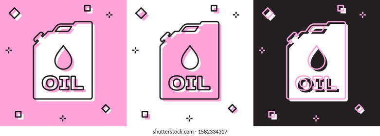 Set Plastic canister for motor machine oil icon isolated on pink and white, black background. Oil gallon. Oil change service and repair. Engine oil sign.  Vector Illustration