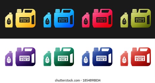 Set Plastic canister for motor machine oil icon isolated on black and white background. Oil gallon. Oil change service and repair. Engine oil sign. Vector.