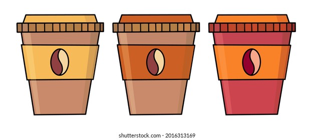 Un conjunto de tazas de café de plástico o cartón. Ilustración del vector
