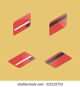 Set of plastic cards in different projections. Financial icons isometric style, vector illustration.