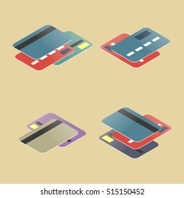 Set of plastic cards in different projections. Financial icons isometric style, vector illustration.