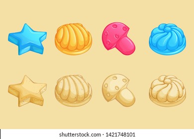 A set of plastic children's molds for sand and sand cakes. Flower, mushroom, shell, star. Toys for the beach. Vector isolated objects.