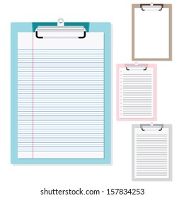Set of plastic clipboard with paper on isolated white background