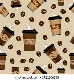 set of plastic coffee cups with different patterns in a flat style on a beige background