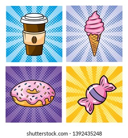 set of plastic coffee with ice cream and donut with sweet candy