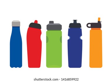 A set of plastic colored bottles for sports and fitness. Silhouettes of aqua mineral water containers. flat vector illustration isolated on white background