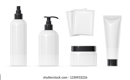 Set of Plastic container for cream spray, balm and shampoo. Make-up, body, skin cosmetics bottle, tube, can. Beauty cosmetology. Mock-up for spa. Isolated white background. EPS10 vector illustration.