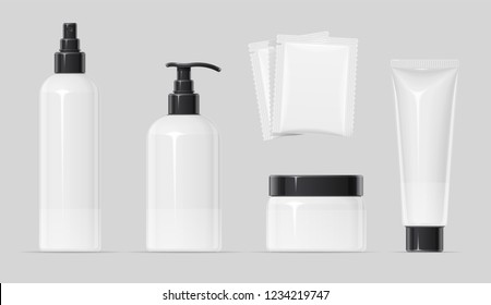 Set of Plastic container for cream spray, balm and shampoo Make-up, body, skin cosmetics bottle, tube, can. Beauty cosmetology. Mock-up for spa. EPS10 vector illustration.