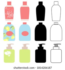 Set of plastic containers for cosmetics in a cartoon flat style. Types of products with ornaments, black silhouettes and linear. Vector images body and hair care isolated on white background. 