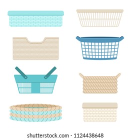 Set of plastic containers, empty baskets for storing laundry and various things. Vector illustration