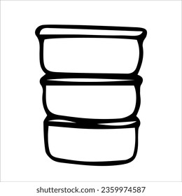 A set of plastic containers with a lid, for food. Vector black and white hand-drawn illustration. Silhouette, icon, logo, sketch, template, doodles.