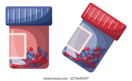 Conjunto de envases de plástico con pastillas. Medicina, farmacia y concepto de salud. Ilustración vectorial aislada para volante, afiche, pancarta.