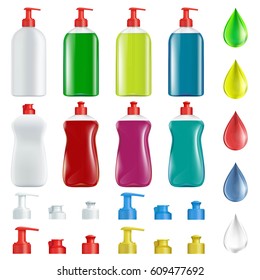 Set of plastic containers with soap for washing dishes. Isolated on white background. Stock vector illustration.