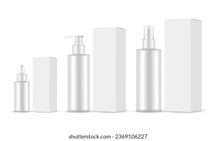 Set of Plastic Cosmetic Bottles, Dropper, Spray, Pump, Packaging Boxes, Isolated On White Background. Vector Illustration