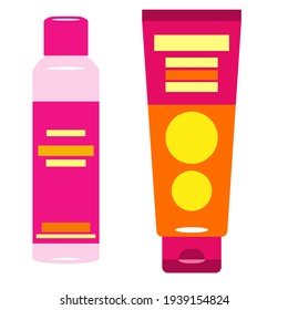 Conjunto de botellas y tubos de plástico cosmético. Jarrones para crema, champú, cosméticos aislados en un fondo blanco. Ilustración vectorial. 
