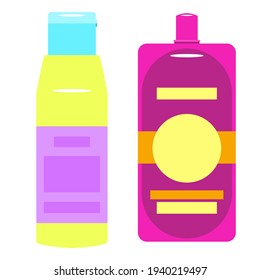 Set of plastic cosmetic bottles and tubes. Jars for cream, shampoo, cosmetics isolated on a white background. Vector illustration. 