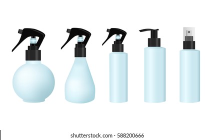 Set of plastic cosmetic Spray bottles - well known variations with blank blue bodies and black pumps. Isolated vector illustration on white background.