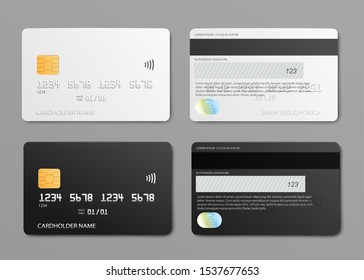 Set of plastic credit cards opposite and front view 3d realistic vector illustration isolated on white background. Bank payment cards for branding design presentation.