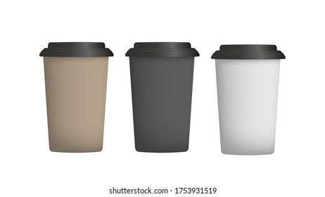 A set of plastic cups for coffee in 3d. Paper coffee cup vector. Isolated.