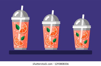 Set of plastic cups for cold drinks (lemonade, smoothies, juice, fresh, cocktail, mojito)