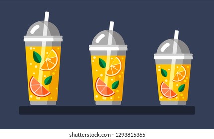 Set of plastic cups for cold drinks (lemonade, smoothies, juice, fresh, cocktail, mojito)